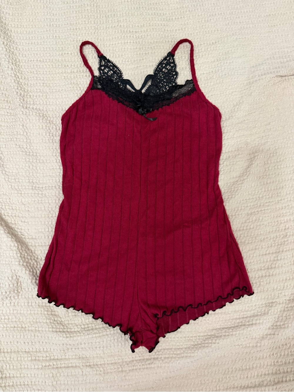 Wine Red Lace-Trim Ribbed Romper - Women's Intimate Sleepwear